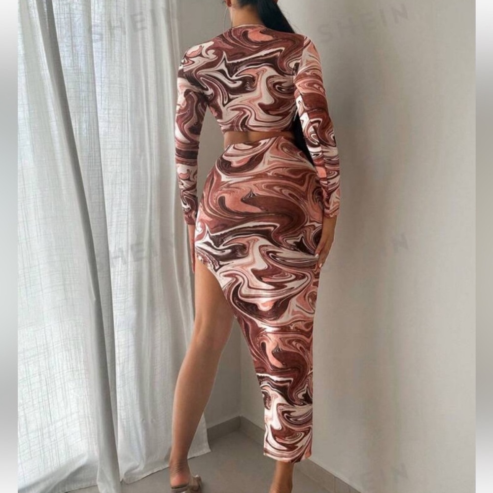 SHEIN SXY Marble Print Crop Top & Split Skirt Women’s Set✨